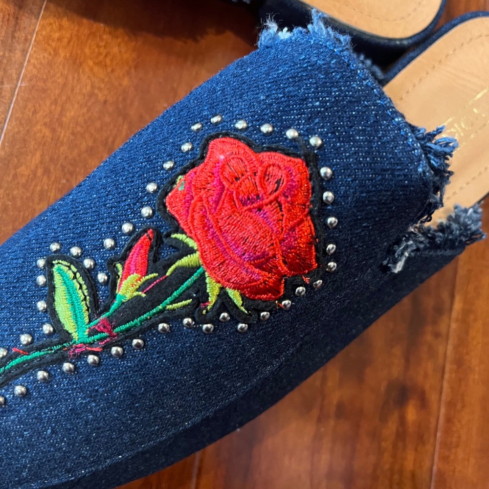 Denim Mule Shoes Rose Embroidered Studs Yoki Willas-71 Dark Blue New Size 9 - Picture 3 of 9